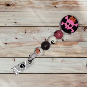 Halloween "Baby Girl Skull" badge reel with beads / ID badge / Handmade